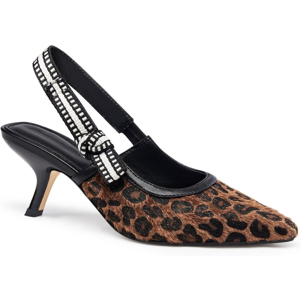 ⚡Women's Leopard Slingback Kitten Heel Pointed Toe Bowknot Knitted Slip On